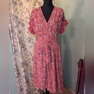 Max Studio Coral Floral Midi Dress with V-Neck